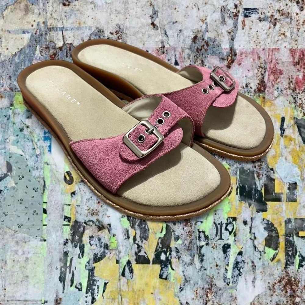Pink suede genuine leather suede slides‎ with cushion footbed and buckle size 9